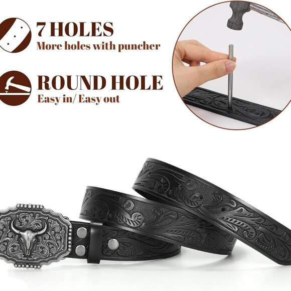 Western Belts for Woman Men, Cowboy Cowgirl Belt Embossed Western Country Bull B - Picture 6 of 9